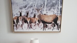 Un dormitorio con dos camas de madera, una mesita de noche con lámpara y un cuadro enmarcados de fauna.