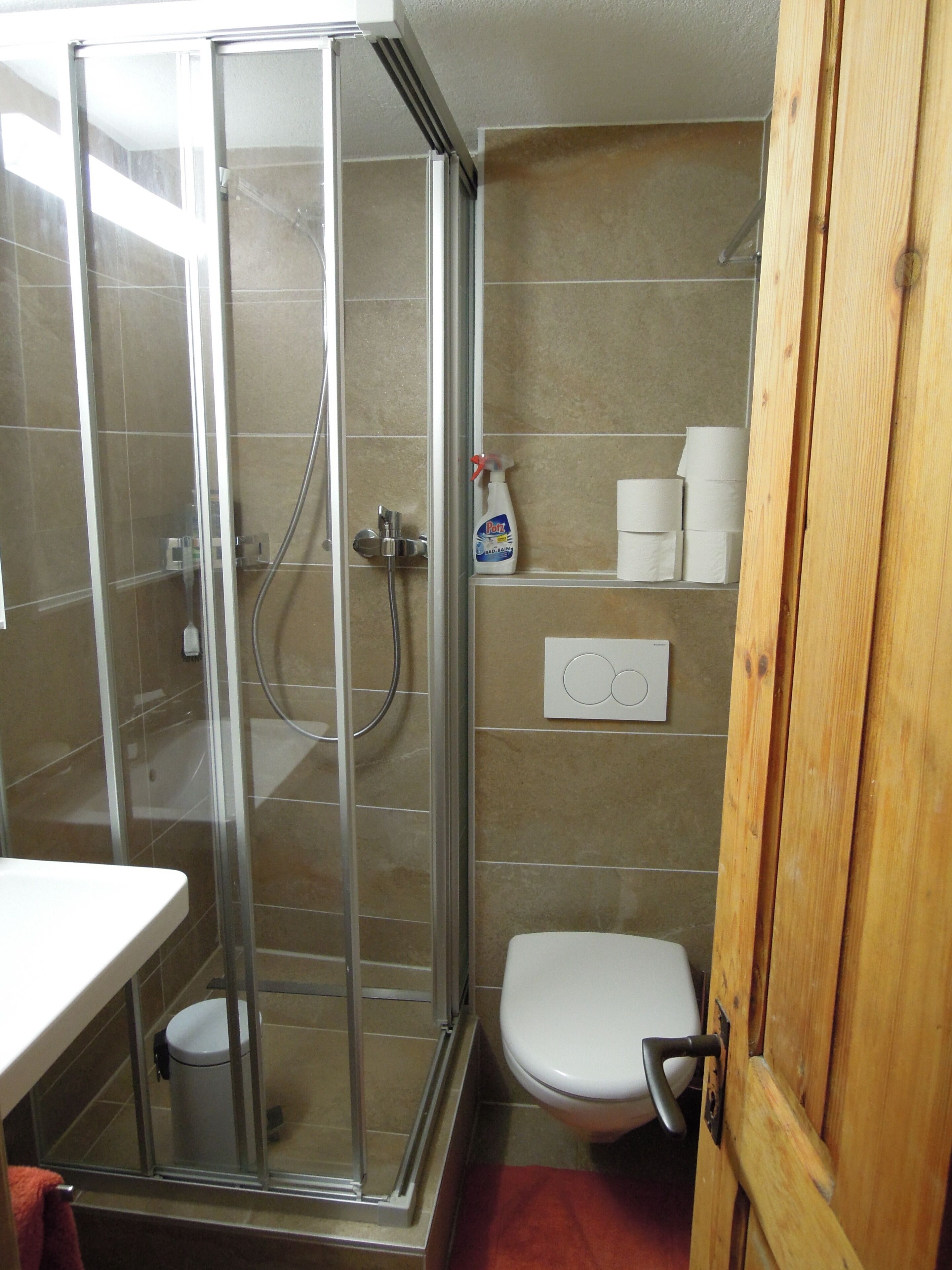 A bathroom with a glass-enclosed shower, a toilet, and a shelf with toiletries.