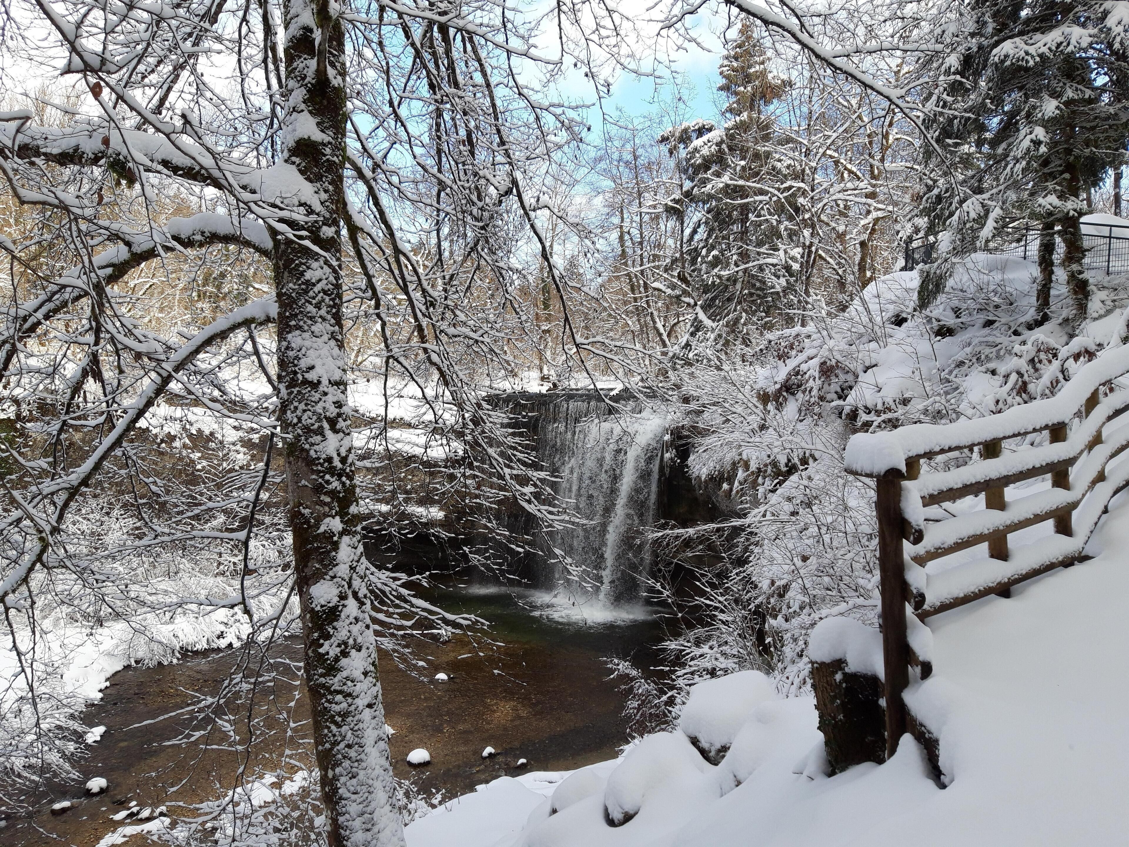 Paisatge nevàt amb una cascada, arbres i una boscaterra de fusta.