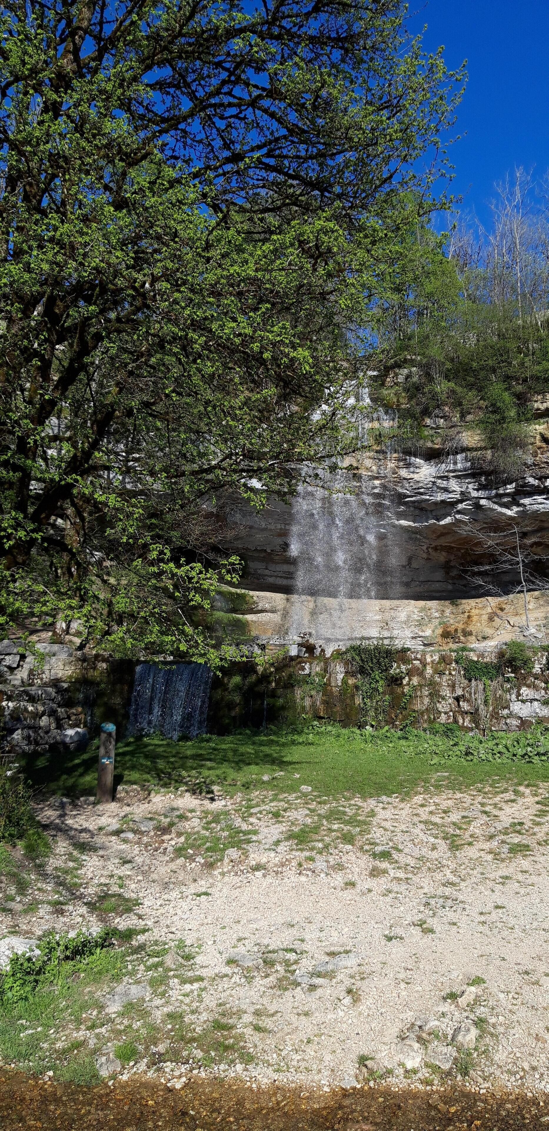 Eine natürliche Landschaft mit einem Wasserfall, felsigem Gelände und einem Baum.