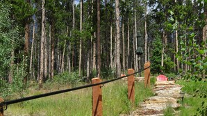 Un sendero de piedra en una zona boscosa con postes de madera y una barandilla de metal.