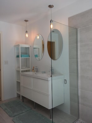 Combined shower/tub, jetted tub, hair dryer, towels