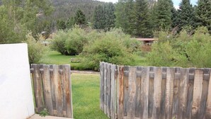 Un giardino recintato da una staccionata di legno, con un prato verdeggiante e diverse piante e arbusti.