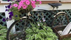 Una bicicleta con una cesta de flores, un banco de madera y una valla de celosía al fondo.
