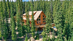 Une grande cabane en bois, entourée d’une forêt dense.