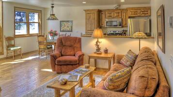 Smart TV, fireplace, DVD player, video library