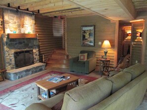 Tv, eldstad och böcker