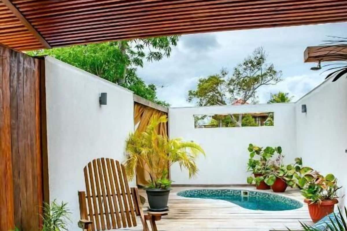 Un porche cubierto con suelo de madera, dos sillas de madera, una piscina pequeña y varios maceteros con plantas.