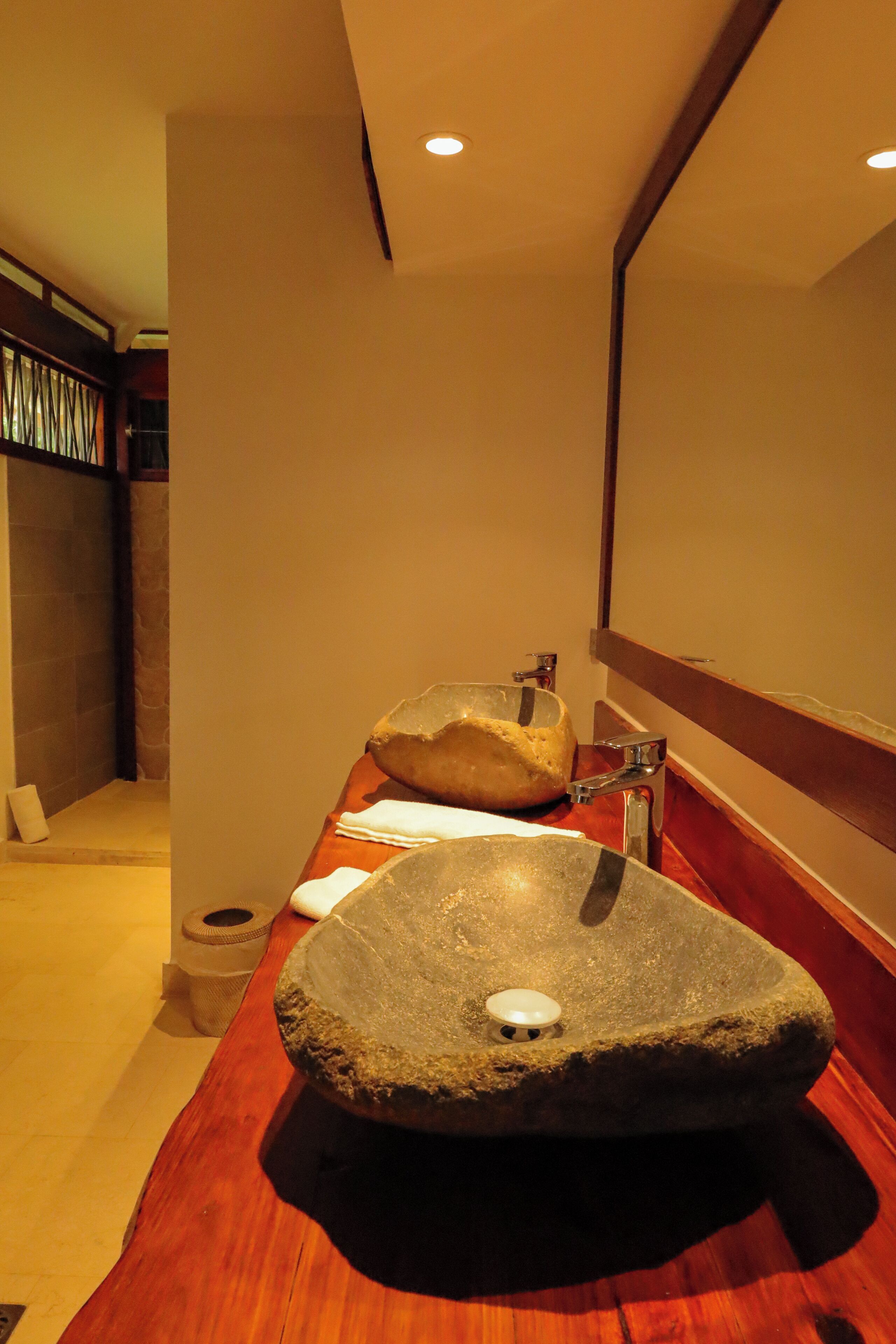 Luxury Cabin | Bathroom | Shower, rainfall showerhead, hair dryer, towels