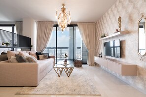 Design Penthouse, 4 Bedrooms, Accessible, Tower | Living room | LCD TV, heated floors