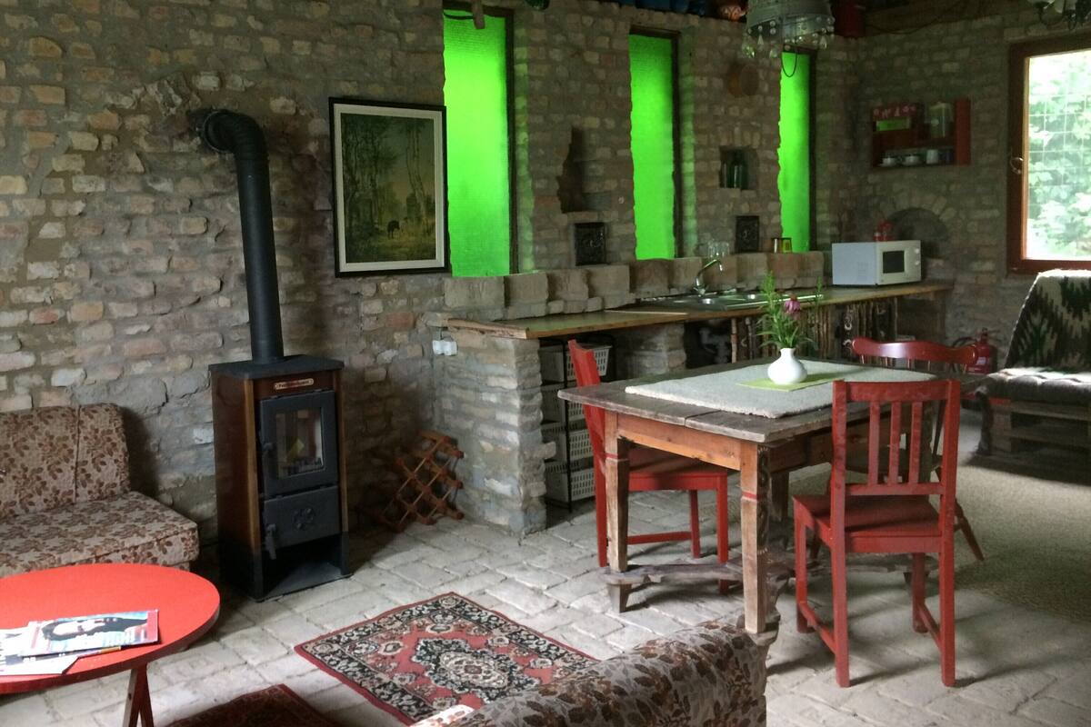 A rustic room with a stone wall, a fireplace, a wooden table with chairs, a red sofa, and a green-lit window.