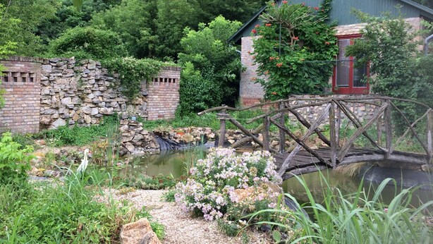 A rustic stone wall, a wooden bridge, and a pond with flowers. - Farmotel Stefania (Szakadat)