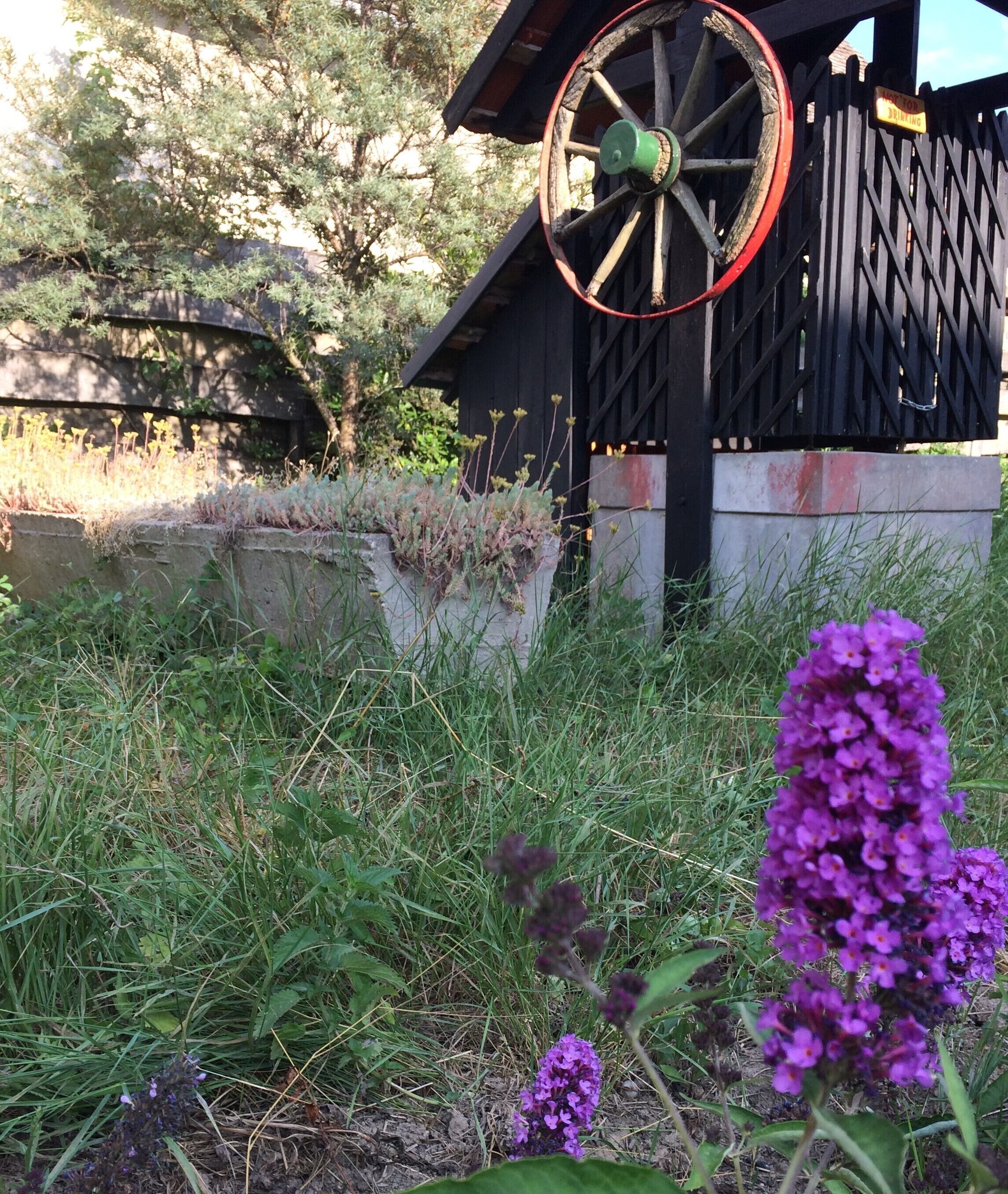 A rustic wooden structure with a large wheel and a sign indicating a parking area.