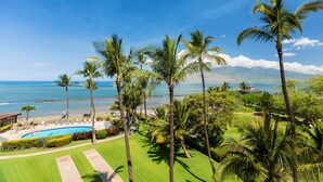 Een resort met een zwembad, palmbomen en uitzicht op de oceaan.