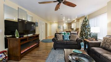 Smart-tv, een open haard, een dvd-speler en boeken