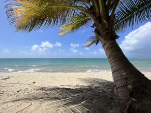 On the beach, sun-loungers, beach towels