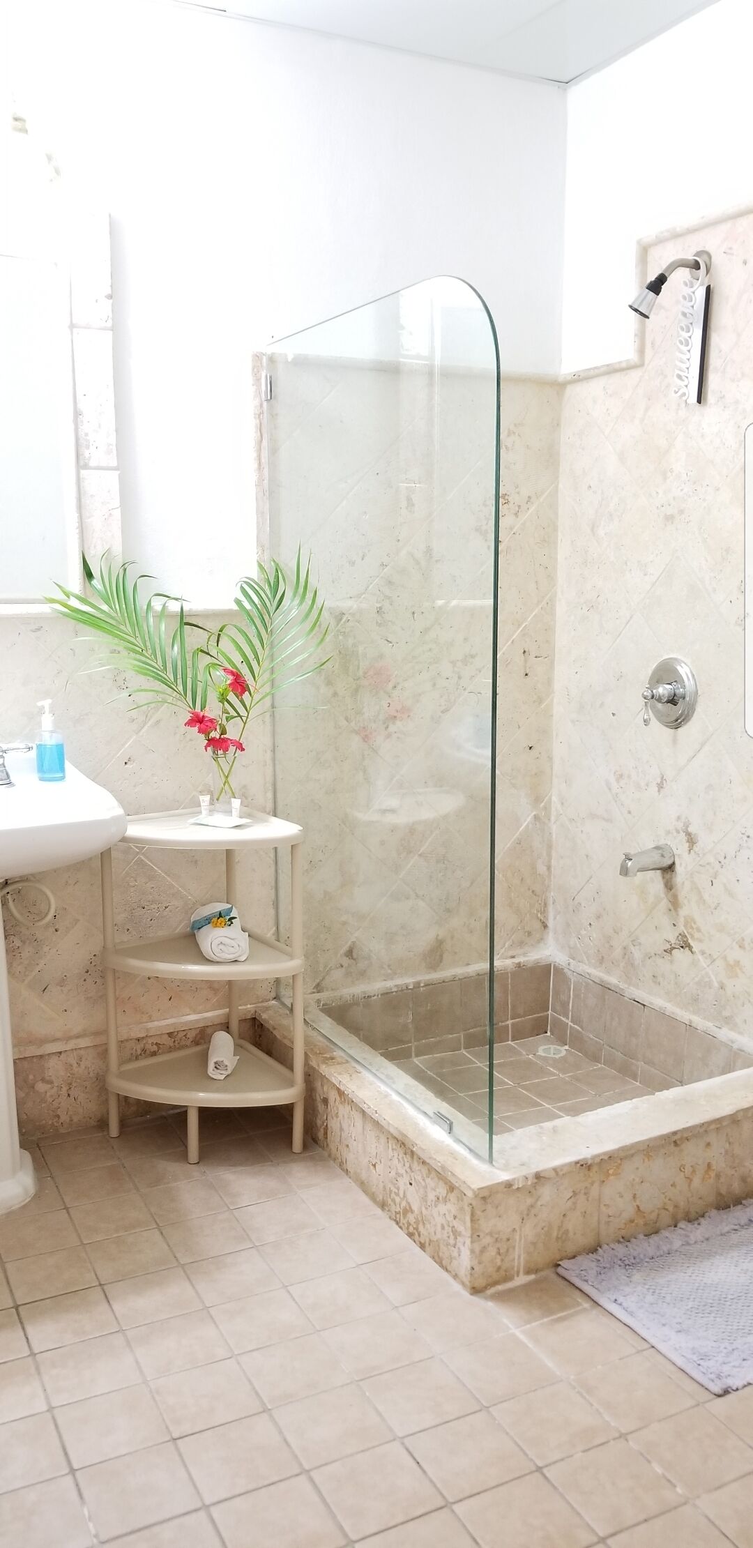Un bagno con doccia vetrata, lavabo con specchio e ripiano con articoli da toilette.