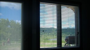 Una ventana con persianas horizontales, vista a un área verde y un paisaje lejano.