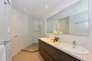 Shower, hair dryer, towels