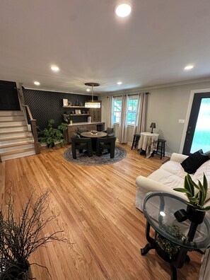 Smart TV, fireplace, DVD player, books