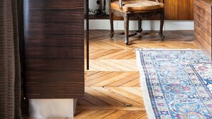 A room with a wooden wardrobe, a chair, a rug, and a shelf with a plant. - CAVALIER DES LIONS 2bedr 2 1/2baths (Paris)