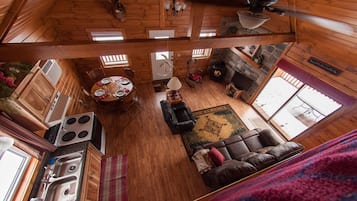 TV connectée, cheminée, lecteur de DVD, livres