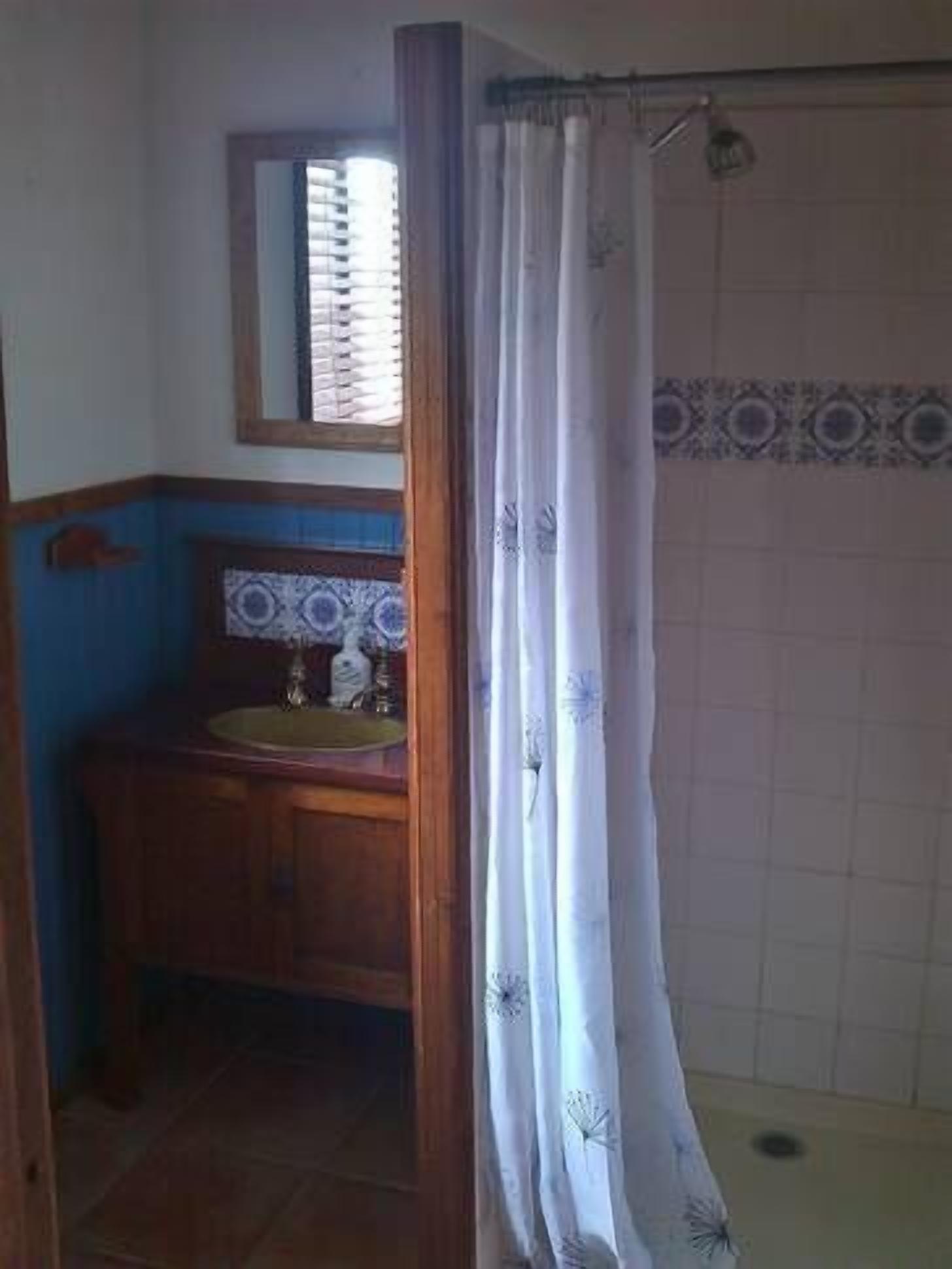 Un baño con tocador de madera, un espejo y cortina de ducha.