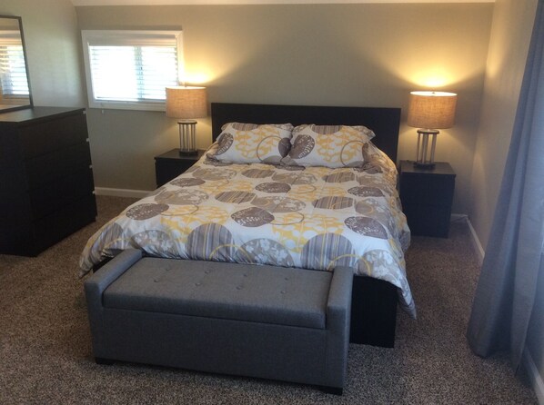 2 bedrooms, desk, blackout curtains, iron/ironing board