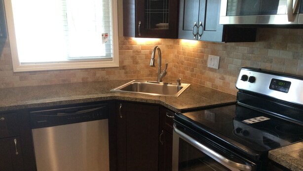 Una cocina con lavavajillas de acero inoxidable, pileta doble, estufa y armarios de madera oscura.