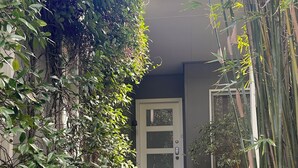 Un sendero conduce a una casa con puerta blanca, rodeada de follaje denso y una gran maceta.