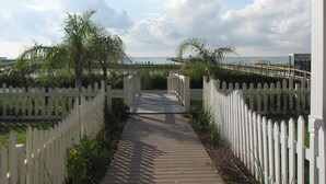 A pathway leading to a beach area with white picket fences and palm trees.
