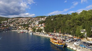 Experience the vibrant harbor scene in this charming coastal town, where boats and lush greenery meet.