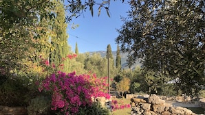Um jardim com paredes de pedra, plantas floridas e um céu claro.