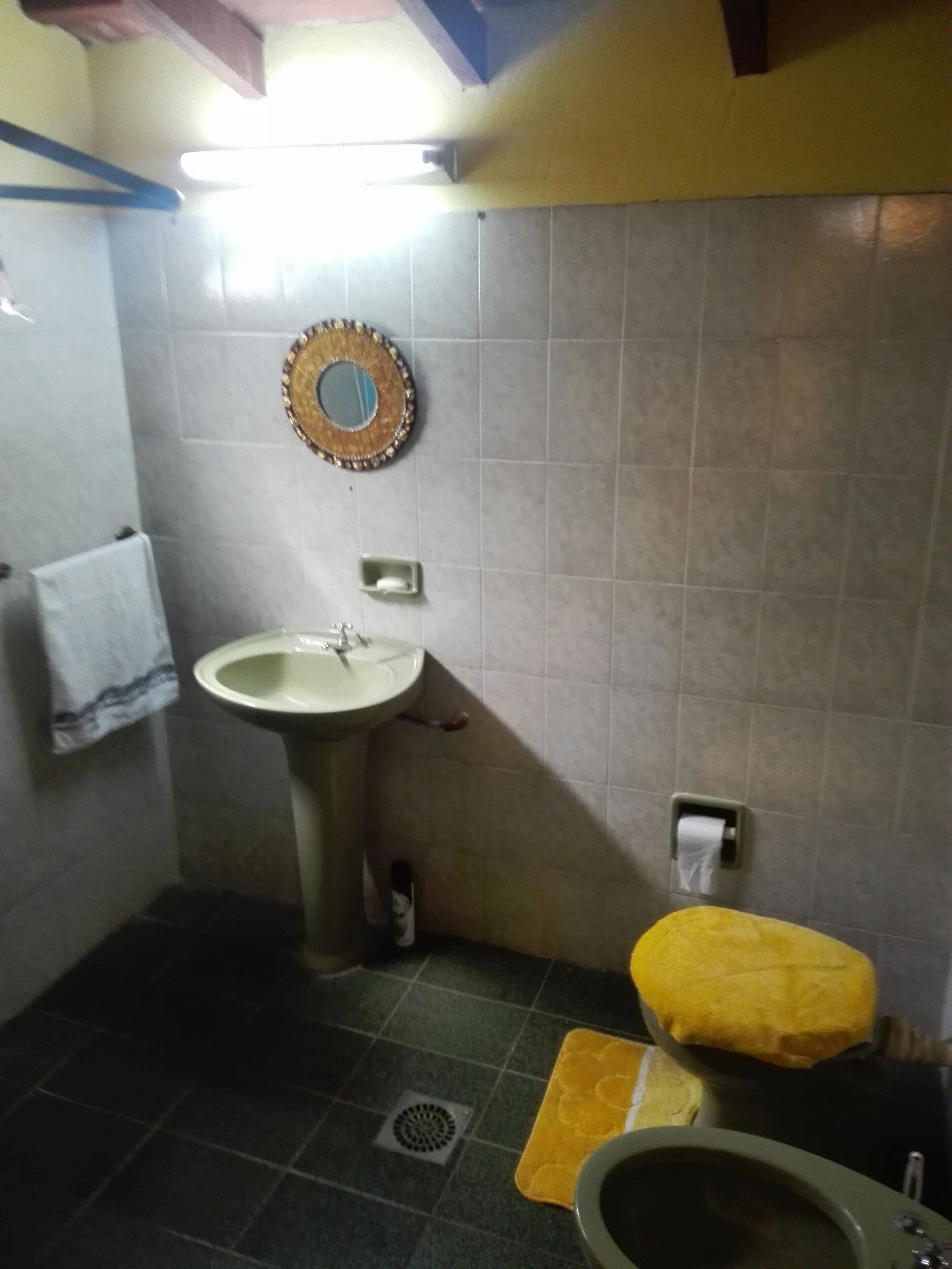 Hair dryer, towels, toilet paper