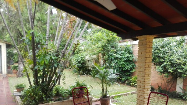 A covered patio area with red metal chairs and a table, surrounded by potted plants and a brick wall. - Spacious in-suite room Bo. Herrera, Asuncion (Asunción)