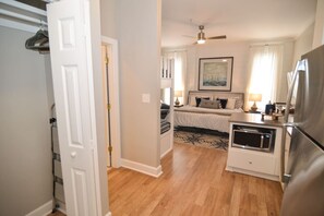 1 bedroom, desk, iron/ironing board, travel cot