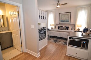 1 bedroom, desk, iron/ironing board, travel cot