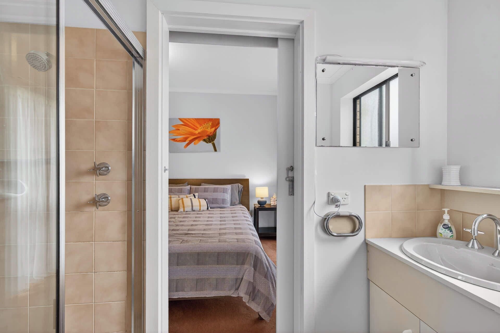 A bathroom with a shower, sink, and mirror.
