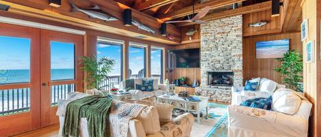 Smart TV, fireplace, video games, DVD player