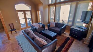 Smart TV, fireplace, DVD player, books