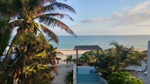 A beach view with a pool and palm trees. - Casa Luna. Welcome Family To Enjoy A beautiful beach ! (Chelem)
