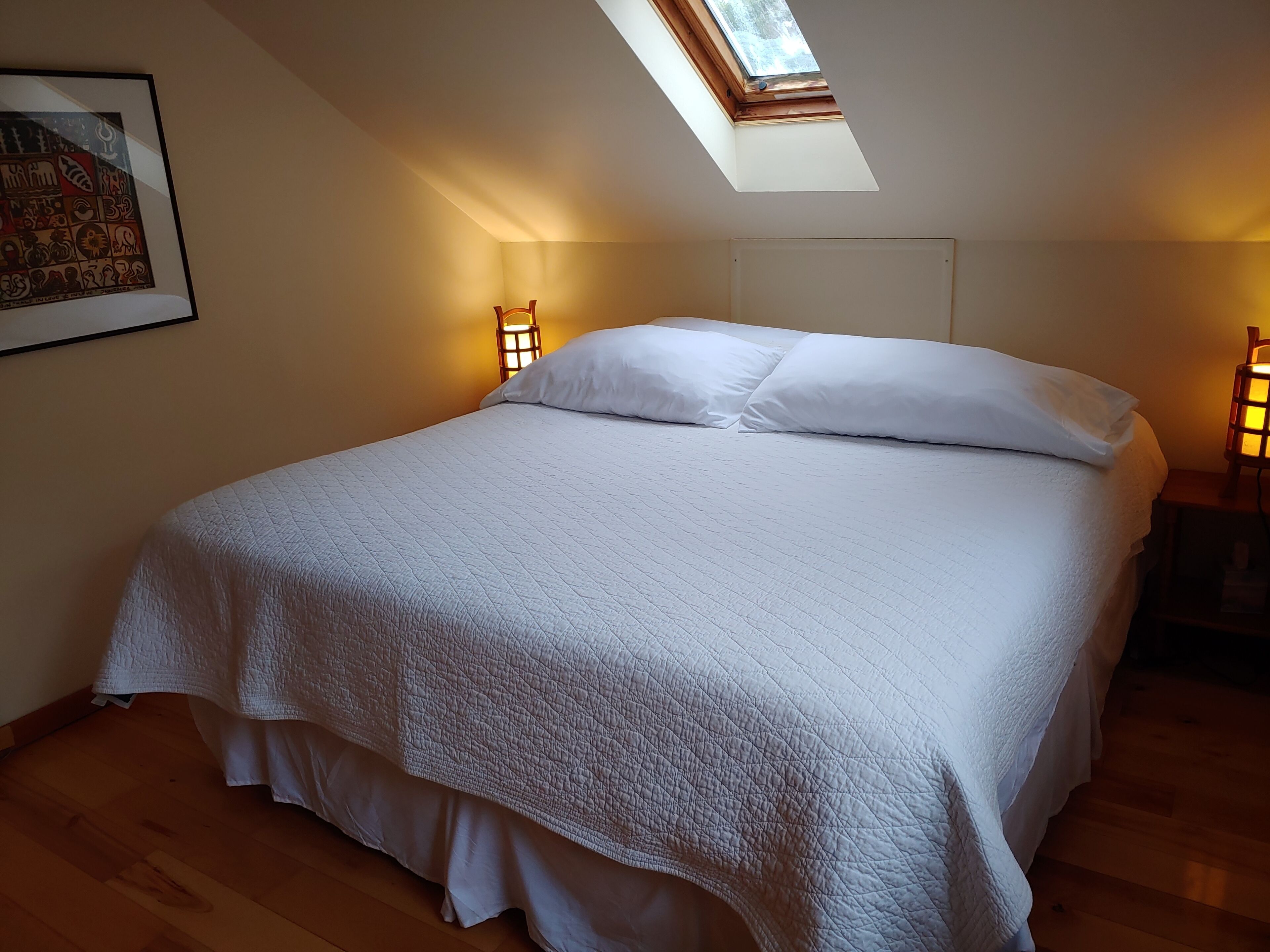 Un dormitorio con una cama grande, un tragaluz y dos lámparas de noche.