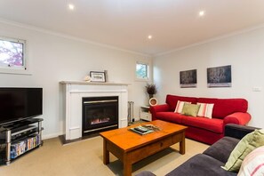 TV connectée, cheminée, lecteur de DVD, vidéothèque