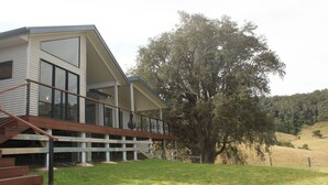 Et moderne hus med to etager og et stort træ i forhaven.
