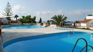 A swimming pool with clear blue water, surrounded by palm trees and a white building with a tiled roof.