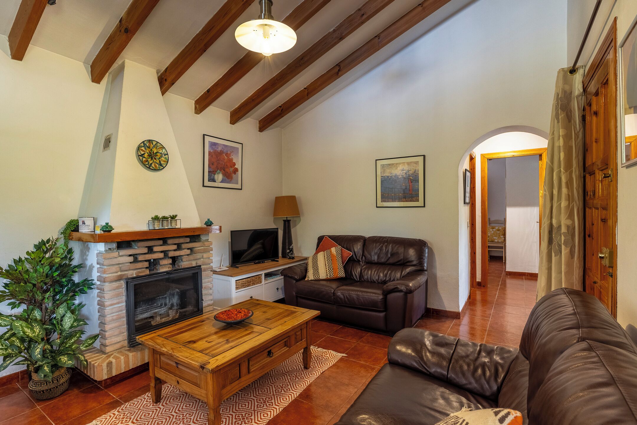 Smart TV, lareira, livros, biblioteca musical