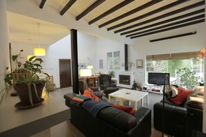 Télévision, cheminée, lecteur de DVD, baby-foot