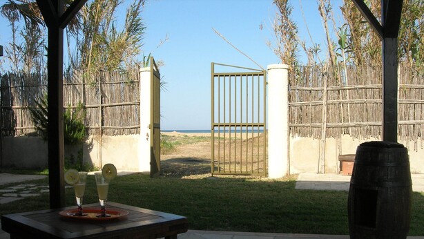 Un patio con una mesa, una maceta grande y vista a la playa a través de una reja.