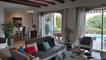 Smart TV, caminetto, lettore DVD, libri