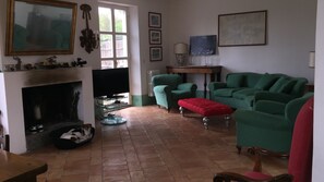 Smart TV, fireplace, DVD player, books